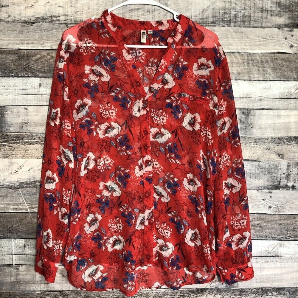 KUT FROM THE KLOTH Button Down Sheer Blouse Red Floral Shirt Size Medium